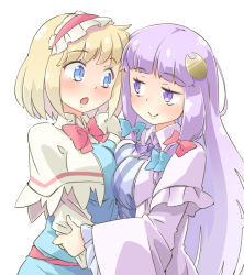 Rule 34 | 2girls, alice margatroid, arnest, asymmetrical docking, blonde hair, blue bow, blue eyes, blush, bow, bowtie, breast press, breasts, capelet, commentary request, crescent, crescent hair ornament, dress, hair bow, hair ornament, hairband, long hair, medium breasts, multiple girls, open mouth, patchouli knowledge, purple eyes, purple hair, red bow, short hair, simple background, smile, striped clothes, striped dress, touhou, white background, yuri