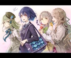 Rule 34 | 1boy, 3girls, :d, alice (sinoalice), bag, black bow, blouse, blue ribbon, blush, bow, braid, breasts, briar rose (sinoalice), brown eyes, brown hair, brown hat, capelet, closed mouth, coat, collared shirt, commentary request, contemporary, crown braid, eyes visible through hair, floating hair, food, frilled capelet, frills, gradient background, green bow, green eyes, green hair, grey skirt, hair between eyes, hair bow, hair ornament, hand up, hands up, hat, high-waist skirt, highres, holding, holding food, hoshizaki reita, ice cream, ice cream cone, jacket, leaning forward, letterboxed, long hair, long sleeves, looking at viewer, medium breasts, multicolored hair, multiple boys, multiple girls, neck ribbon, open mouth, petals, pink background, pink hair, pinocchio (sinoalice), plaid, plaid skirt, pleated skirt, profile, purple bow, purple hair, purple jacket, red riding hood (sinoalice), ribbon, shirt, short hair, signature, sinoalice, skirt, smile, teeth, trap, upper teeth only, very long hair, white capelet, white shirt, wide sleeves, wing collar, yellow eyes, yellow skirt