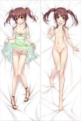 Rule 34 | 10s, 1girl, :d, bakugadou, bare shoulders, barefoot, bed sheet, blush, bow, breasts, brown eyes, brown hair, cleft of venus, clothes lift, clothes pull, collarbone, dakimakura (medium), dress, dress lift, dress pull, eyebrows, frilled dress, frills, full body, green dress, groin, idolmaster, idolmaster cinderella girls, looking at viewer, lying, multiple views, navel, nipples, no bra, no socks, nude, ogata chieri, on back, open mouth, panties, panty pull, pink bow, pussy, shoes, sidelocks, small breasts, smile, stomach, twintails, uncensored, underwear, white panties