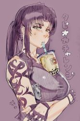 Rule 34 | 1girl, ajifriparty, anger vein, angry, belt, black lagoon, breast hold, breasts, brown background, brown eyes, brown hair, bubble tea, bubble tea challenge, crossed arms, cup, disposable cup, drink, drinking, drinking straw, fingerless gloves, gloves, gun, handgun, holding, holding cup, holster, large breasts, long hair, looking at viewer, looking to the side, object on breast, pistol, ponytail, revy (black lagoon), shoulder holster, shoulder tattoo, simple background, solo, tank top, tattoo, upper body, weapon, yellow eyes
