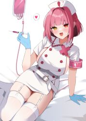 Rule 34 | 1girl, alternate costume, arm support, armband, bed sheet, belt, blood, blood bag, blue gloves, braid, breasts, clipboard, commentary, dress, fang, garter straps, gloves, hair intakes, hat, heart, heart print, heterochromia, highres, holding, holding syringe, hololive, houshou marine, large breasts, looking at viewer, medium hair, no shoes, nurse, nurse cap, open mouth, pink armband, red eyes, red hair, short sleeves, sideboob, sitting, smile, solo, spoken heart, sweatdrop, syringe, thighhighs, thighs, ute (perouthi), virtual youtuber, white belt, white dress, white thighhighs, yellow eyes, yokozuwari