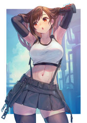 Rule 34 | 1girl, armpits, arms behind head, arms up, black skirt, black thighhighs, breasts, brown hair, collarbone, commentary request, earrings, final fantasy, final fantasy vii, final fantasy vii remake, highres, jewelry, long hair, medium breasts, midriff, miniskirt, navel, open mouth, red eyes, sakumichi, signature, simple background, skirt, solo, square enix, stomach, suspender skirt, suspenders, sweat, sweatdrop, tank top, thighhighs, tifa lockhart, white tank top, zettai ryouiki