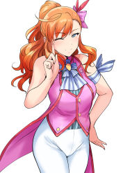 Rule 34 | 1girl, ;), asymmetrical bangs, blush, bow, closed mouth, cowboy shot, crotch seam, green eyes, hair bow, hand on own hip, hand up, highres, idolmaster, index finger raised, leon (idolmaster), long hair, looking at viewer, one eye closed, orange hair, pants, pink bow, ponytail, sidelocks, simple background, smile, solo, tsurui, wavy hair, white background, white pants