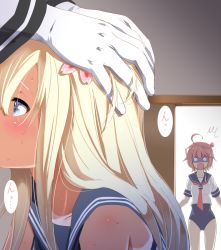 Rule 34 | 10s, 1boy, 2girls, ^^^, admiral (kancolle), bare shoulders, blonde hair, blue eyes, blue one-piece swimsuit, blush, close-up, dark-skinned female, dark skin, door, empty eyes, flower, food, from side, gloves, hair between eyes, hair flower, hair ornament, hairband, hands on another&#039;s head, hetero, hibiscus, i-58 (kancolle), implied fellatio, indoors, kantai collection, legs apart, long hair, long sleeves, md5 mismatch, multiple girls, mushi gyouza, o o, one-piece swimsuit, out-of-frame censoring, profile, rectangular mouth, ro-500 (kancolle), school swimsuit, sexually suggestive, shaded face, shirt, sleeve cuffs, sleeveless, sleeveless shirt, standing, surprised, sweat, sweatdrop, swimsuit, swimsuit under clothes, tan, tanline, tareme, turn pale, umaibou, walk-in, white gloves, white shirt