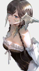 Rule 34 | 1girl, au ra, blue eyes, braid, breasts, brown hair, cleavage, closed mouth, commentary, detached sleeves, dragon girl, dragon horns, final fantasy, final fantasy xiv, frills, highres, horns, long hair, looking at viewer, maho moco, medium breasts, ribbon, scales, simple background, sleeveless, solo, twin braids, warrior of light (ff14), white background, white horns, white ribbon, white scales