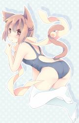 Rule 34 | 1girl, animal ears, ass, brown eyes, brown hair, cat ears, competition swimsuit, neneko-n, one-piece swimsuit, original, polka dot, polka dot background, scarf, short hair, solo, swimsuit, tail, thighhighs