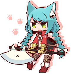 Rule 34 | 1girl, 7th dragon, 7th dragon (series), animal ears, axe, blue hair, boots, bow, braid, brown footwear, cat ears, character request, chibi, fighter (7th dragon), full body, green eyes, hair bow, holding, holding axe, holding weapon, long hair, looking at viewer, naga u, open mouth, solo, teeth, twin braids, weapon, white bow