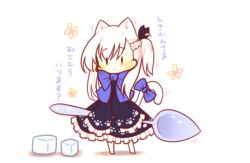Rule 34 | animal ears, azur lane, bare shoulders, belfast (azur lane), black dress, black ribbon, blue bow, bow, braid, cat ears, cat girl, cat tail, chibi, closed mouth, dress, frilled dress, frilled sleeves, frills, hair between eyes, hair ribbon, holding, holding spoon, long sleeves, looking at viewer, one side up, oversized object, ribbon, sakurato ototo shizuku, sidelocks, silver hair, sleeves past fingers, sleeves past wrists, solo, spoon, sugar cube, tail, tail bow, tail ornament, translation request, white background, wide sleeves, | |