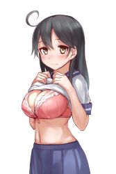 Rule 34 | 1girl, ahoge, black hair, blue skirt, blush, bra, breasts, brown eyes, cleavage, clothes lift, embarrassed, fumikiri, hair between eyes, hands on own chest, kantai collection, large breasts, looking at viewer, navel, pink bra, pleated skirt, school uniform, serafuku, shirt lift, short sleeves, simple background, skirt, solo, underwear, upper body, ushio (kancolle), white background