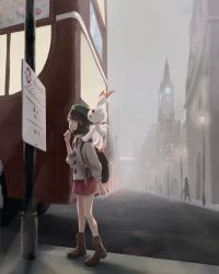 Rule 34 | 1girl, backpack, bag, bob cut, boots, brown bag, brown eyes, brown footwear, brown hair, buttons, cardigan, commentary request, creatures (company), dress, fog, game freak, gen 8 pokemon, gloria (pokemon), green headwear, green legwear, grey asa, grey cardigan, hat, highres, hooded cardigan, nintendo, outdoors, pokemon, pokemon (creature), pokemon on back, pokemon swsh, scorbunny, short hair, sign, socks, standing, tam o&#039; shanter