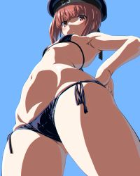 Rule 34 | 1girl, bikini, black bikini, blue background, blush, breasts, brown eyes, brown hair, closed mouth, clothes writing, commentary, dd (ijigendd), from below, hand on own hip, hat, highres, kantai collection, sailor hat, short hair, side-tie bikini bottom, simple background, small breasts, solo, string bikini, swimsuit, z3 max schultz (kancolle)