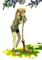Rule 34 | 1girl, bad id, bad twitter id, bike shorts, black socks, blonde hair, branch, broom, commentary request, contrapposto, copyright request, from side, hands up, head rest, long hair, male focus, parted lips, ponytail, puffy short sleeves, puffy sleeves, shoes, short sleeves, simple background, socks, solo, standing, sweat, sweatdrop, tree, tree shade, under tree, white background, white footwear, yamakawa