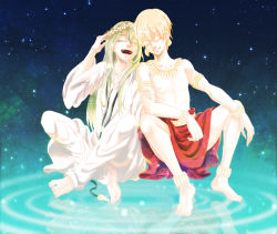 Rule 34 | 2boys, ^ ^, anklet, armlet, bad id, bad pixiv id, barefoot, belt, blonde hair, bracelet, closed eyes, earrings, enkidu (fate), closed eyes, fate/strange fake, fate/zero, fate (series), gilgamesh (fate), green hair, head wreath, jewelry, laughing, long hair, male focus, multiple boys, necklace, robe, topless male, short hair, tomose0224, water