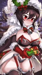 Rule 34 | 1girl, absurdres, bell, black hair, black thighhighs, blush, box, breasts, cape, cleavage, closed mouth, elbow gloves, fur-trimmed cape, fur-trimmed gloves, fur-trimmed headwear, fur trim, garter straps, gift, gift box, gloves, hair ornament, hat, highres, holly, holly hair ornament, ilya (christmas) (princess connect!), ilya (princess connect!), jingle bell, large breasts, layered gloves, leotard, long hair, looking at viewer, maou (maoudaisukiya), princess connect!, red eyes, red gloves, santa hat, solo, thighhighs, thighs, white cape, white gloves, white hat, white leotard