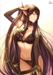 Rule 34 | 1girl, bare shoulders, black bra, black hair, black panties, bow, bow bra, bra, breasts, bridal gauntlets, choker, cleavage, collarbone, commentary request, cowboy shot, detached sleeves, elf, fate/apocrypha, fate/grand order, fate (series), gradient background, hair between eyes, lace, lace-trimmed legwear, lace trim, large breasts, lingerie, long hair, looking at viewer, mashuu (neko no oyashiro), navel, open mouth, panties, pink background, pointy ears, revision, ribbon-trimmed bra, semiramis (fate), signature, simple background, solo, spikes, thighhighs, thighs, title, underwear, underwear only, very long hair, white background, yellow background, yellow eyes