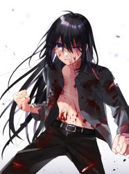 Rule 34 | 1boy, absurdres, ahoge, asuma (hanezu), belt, black hair, blood, blood on face, clenched hands, collared shirt, hair down, highres, injury, long hair, male focus, namazuo toushirou, open clothes, open shirt, pants, purple eyes, shirt, torn clothes, torn pants, torn shirt, touken ranbu, uneven eyes, very long hair