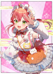 Rule 34 | 1girl, :d, ahoge, arm up, bag, breasts, checkered background, cleavage, cleavage cutout, clothing cutout, commentary request, detached sleeves, egasumi, frilled hairband, frilled skirt, frills, green eyes, hair between eyes, hair ornament, hairband, hairclip, highres, hololive, long hair, long sleeves, looking at viewer, medium breasts, momoshiki tsubaki, open mouth, puffy long sleeves, puffy sleeves, red hair, red skirt, sakura miko, sakura miko (new year), shoulder bag, skirt, sleeves past wrists, smile, solo, sunburst, sunburst background, virtual youtuber, white hairband, white sleeves