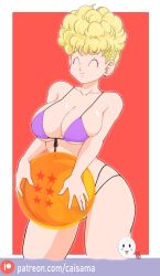 1girl blonde_hair breasts caisama closed_eyes dragon_ball large_breasts panchy smile swimsuit