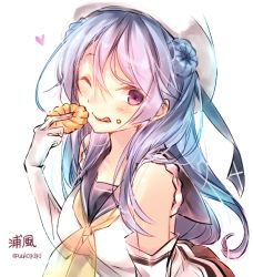 Rule 34 | 10s, 1girl, bad id, bad pixiv id, bare shoulders, beret, blue eyes, blue hair, double bun, doughnut, food, hair bun, hat, heart, kantai collection, long hair, looking at viewer, matching hair/eyes, neckerchief, puuko (iberiko neko), skirt, sleeves rolled up, smile, solo, tongue, tongue out, upper body, urakaze (kancolle), white hat, yellow neckerchief