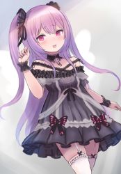 Rule 34 | 1girl, black dress, blush, breasts, bug, butterfly, commentary, cowboy shot, detached collar, dress, enumiyaa, fang, frilled dress, frills, garter straps, grey background, hair ribbon, highres, hololive, insect, long hair, looking at viewer, open mouth, pink eyes, pink hair, ribbon, short dress, simple background, skin fang, small breasts, smile, solo, thighhighs, thighs, two side up, uruha rushia, uruha rushia (3rd costume), virtual youtuber, white thighhighs, wrist cuffs