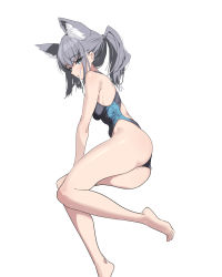 Rule 34 | 1girl, animal ear fluff, animal ears, ass, ass focus, barefoot, black one-piece swimsuit, blue archive, blue eyes, breasts, competition swimsuit, covered navel, cross hair ornament, deatheach, extra ears, grey hair, hair ornament, halo, highres, looking at viewer, low ponytail, lying, medium breasts, medium hair, mismatched pupils, multicolored clothes, multicolored swimsuit, on side, one-piece swimsuit, shiroko (blue archive), shiroko (swimsuit) (blue archive), simple background, solo, swimsuit, white background