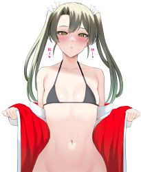 Rule 34 | 1girl, absurdres, bikini, bikini top only, black bikini, blush, breasts, hair ribbon, highres, kantai collection, long hair, looking at viewer, navel, ribbon, simple background, small breasts, solo, sweat, swimsuit, takaman (gaffe), translation request, twintails, white background, zuikaku (kancolle)