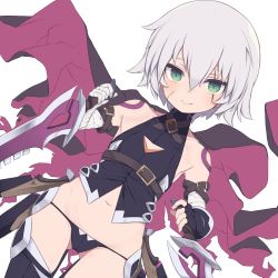 Rule 34 | 1girl, arm belt, bandaged arm, bandages, bare shoulders, black panties, blush, breasts, dual wielding, facial scar, fate/apocrypha, fate/grand order, fate (series), gamuo, gloves, green eyes, holding, jack the ripper (fate/apocrypha), knife, looking at viewer, lowleg, lowleg panties, navel, panties, scar, scar across eye, scar on cheek, scar on face, short hair, shoulder tattoo, single glove, small breasts, smile, solo, tattoo, thighhighs, underwear, white hair
