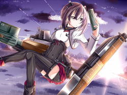 Rule 34 | 10s, 1girl, bike shorts, blush, bow (weapon), brown eyes, brown hair, cloud, crossbow, flat chest, headband, headgear, kantai collection, mad (hazukiken), personification, pleated skirt, short hair, skirt, sky, solo, taihou (kancolle), thighhighs, weapon