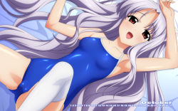 Rule 34 | 1girl, arm up, armpits, azmaria hendric, calendar, cameltoe, chrno crusade, competition school swimsuit, highres, kadokawa shoten, long hair, lying, october, on back, one-piece swimsuit, purple hair, red eyes, school swimsuit, smile, solo, spread legs, sugimura tomokazu, swimsuit, thighhighs, white thighhighs