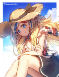 Rule 34 | 10s, 1girl, alternate costume, black skirt, blonde hair, blue eyes, blue hair, blush, breasts, cleavage, commandant teste (kancolle), hair ornament, hat, kantai collection, long hair, looking at viewer, medium breasts, mk, multicolored hair, open mouth, red hair, sitting, skirt, smile, solo, streaked hair, sun hat, twitter username
