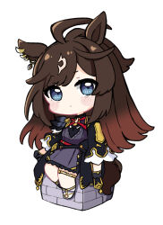 Rule 34 | 1girl, ahoge, animal ears, asymmetrical footwear, black footwear, black gloves, black jacket, black shorts, blue eyes, blush stickers, brown hair, chibi, closed mouth, commentary request, dress, duramente (umamusume), ear piercing, full body, gloves, gradient hair, grey dress, highres, horse ears, horse girl, horse tail, jacket, long hair, long sleeves, looking at viewer, mismatched footwear, multicolored hair, nozo (hitomiz), open clothes, open jacket, piercing, shoes, shorts, simple background, sitting, solo, tail, umamusume, very long hair, white background, white footwear, wide sleeves