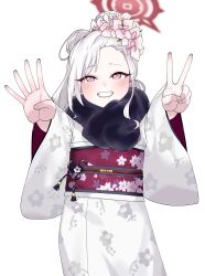 Rule 34 | 1girl, black scarf, blue archive, blush, fingernails, flower, grey hair, grin, hair flower, hair ornament, halo, highres, japanese clothes, kimono, long hair, long sleeves, looking at viewer, mutsuki (blue archive), mutsuki (new year) (blue archive), obi, oddman1234, official alternate costume, pink eyes, pink flower, red halo, sash, scarf, simple background, smile, solo, v, white background, white kimono, wide sleeves