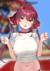 Rule 34 | 1girl, blurry, blurry background, breasts, character name, commentary request, gym uniform, hair ribbon, headband, heterochromia, highres, hololive, houshou marine, large breasts, long hair, looking at viewer, navel, oshiruko (oshiruco 212048), red eyes, red hair, red headband, red ribbon, ribbon, short sleeves, solo, stomach, twintails, twitter username, virtual youtuber, yellow eyes