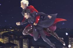 Rule 34 | 2boys, archer (fate), black eyes, black hair, carrying, cityscape, coat, dark-skinned male, dark skin, emiya kiritsugu, facial hair, fate/zero, fate (series), father and son, flying, long coat, male focus, moratorian, multiple boys, night, night sky, short hair, sky, snowing, stubble, time paradox, trench coat, white hair