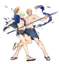 Rule 34 | 2boys, abs, black gloves, blonde hair, blue eyes, blue shorts, byleth (fire emblem), byleth (male) (fire emblem), cape, dagger, dimitri alexandre blaiddyd, eyepatch, fire emblem, fire emblem: three houses, fire emblem heroes, fish, flower, gloves, green eyes, green hair, hat, hat flower, highres, holding, holding lance, holding polearm, holding weapon, jewelry, knife, lance, male focus, mizuno (iori-amu), multiple boys, necklace, nintendo, polearm, sandals, scar, sheath, sheathed, short hair, short shorts, shorts, simple background, smile, torn clothes, water, weapon, white background