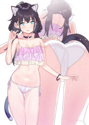 Rule 34 | 1girl, :q, animal ears, ass, back, black hair, blue eyes, blush, braid, breasts, cat ears, cat girl, cat tail, choker, gluteal fold, long hair, low twintails, multiple views, navel, original, panties, side-tie panties, simple background, strap slip, subachi, sweat, tail, tongue, tongue out, twintails, underwear, white background, white panties