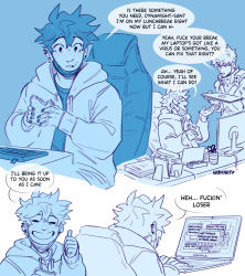 Rule 34 | 2boys, absurdres, alternate universe, artist name, bakugou katsuki, blue theme, boku no hero academia, chair, closed eyes, comic, commentary, computer, desk, english commentary, english text, food, freckles, habkart, highres, holding, holding food, hood, hood down, hooded jacket, jacket, keyboard (computer), laptop, long sleeves, looking at another, male focus, mask, midoriya izuku, monitor, monochrome, mouth mask, multiple boys, open mouth, sandwich, short hair, simple background, sitting, smile, speech bubble, spiked hair, thumbs up