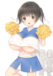 Rule 34 | 3girls, :o, alk, areola slip, blue skirt, blush, breasts, brown eyes, brown hair, cheering, cheerleader, crop top, eyebrows, eyebrows hidden by hair, female focus, highres, holding, holding pom poms, huge breasts, looking at viewer, midriff, multiple girls, navel, open mouth, oppai loli, original, pleated, pleated skirt, pom pom (cheerleading), pom poms, simple background, skirt, sleeveless, standing, sweat, two side up, underboob, v-neck, white background