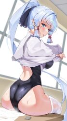 Rule 34 | 1girl, alternate costume, ass, ass focus, ayaka (genshin impact), black one-piece swimsuit, blue eyes, blue hair, blush, breasts, competition swimsuit, condom, condom wrapper, cum, cum on ass, embarrassed, from behind, genshin impact, hair ornament, hair ribbon, highres, huge ass, large breasts, long hair, looking at viewer, matrix16, one-piece swimsuit, open mouth, ponytail, ribbon, sideboob, sitting, solo, swimsuit, thick thighs, thighhighs, thighs, very long hair