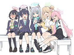 Rule 34 | 5girls, absurdres, ahoge, animal ear fluff, animal ears, ayane (blue archive), black footwear, black hair, black skirt, blue archive, blue eyes, blue jacket, blue neckwear, blue scarf, blush, breasts, cat ears, closed eyes, cross hair ornament, cup, disposable cup, drinking, drinking straw, eating, fingerless gloves, glasses, gloves, grey hair, hair between eyes, hair ornament, halo, highres, hoshino (blue archive), jacket, kandori, kneehighs, large breasts, long hair, long sleeves, looking at viewer, medium hair, multiple girls, necktie, nonomi (blue archive), open clothes, open jacket, open mouth, pink hair, pleated skirt, pointing, pointing at viewer, pointy ears, red eyes, scarf, school uniform, serika (blue archive), shiroko (blue archive), shirt, shoes, short hair, sitting, skirt, smile, socks, sweatdrop, twintails, white shirt, white socks, yellow eyes