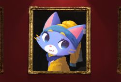 Rule 34 | :3, animal, animal focus, black background, blue eyes, cat, cherii (cherry sister), closed mouth, framed, girl with a pearl earring, hat, highres, korean commentary, league of legends, looking to the side, no humans, photo-referenced, red background, shirt, simple background, upper body, whiskers, yellow shirt, yuumi (league of legends)