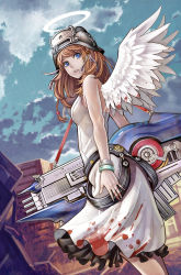 Rule 34 | 1girl, angel, blood, blood on clothes, bloody wings, blue eyes, braid, brown hair, dress, dutch angle, halo, helmet, highres, holding, looking at viewer, original, sanzhuangwangcat, solo, twin braids, weapon, white wings, wings