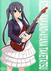 Rule 34 | 1girl, black hair, blazer, blouse, blue jacket, brown eyes, character doll, commentary request, cowboy shot, diesel-turbo, fender (company), frilled skirt, frills, highres, jacket, k-on!, long hair, nakano azusa, plaid, plaid jacket, shirt, skirt, smile, solo, taketatsu ayana, twintails, voice actor connection, white shirt