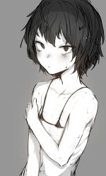 Rule 34 | 1girl, absurdres, bikini, closed mouth, copyright request, flat chest, grey background, greyscale, highres, looking at viewer, micro bikini, monochrome, niwarhythm, sanpaku, short hair, simple background, skinny, solo, swimsuit, upper body