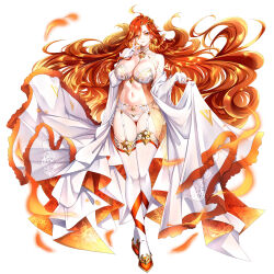 1girl aata1007 bare_shoulders bra breasts choker cleavage earrings elbow_gloves fingerless_gloves full_body garter_belt genshin_impact gloves gold_trim hair_ornament highres jewelry large_breasts long_hair looking_at_viewer mavuika_(genshin_impact) off_shoulder panties red_eyes red_hair smile solo thighhighs thighs underwear white_bra white_gloves white_panties white_thighhighs