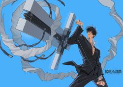Rule 34 | 1boy, arm up, black eyes, black hair, black jacket, black pants, blue background, cigarette, collared shirt, cowboy shot, cross, cross punisher, gun, highres, jacket, large cross, male focus, mouth hold, natsushio (x2i2a), nicholas d. wolfwood, pants, pectoral cleavage, pectorals, shirt, short hair, simple background, solo, standing, trigun, twitter username, weapon, white shirt
