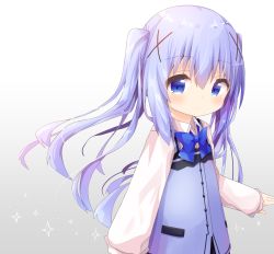 Rule 34 | 1girl, absurdres, alternate hairstyle, blue bow, blue eyes, blue hair, blue vest, blush, bow, closed mouth, collared shirt, commentary request, dress shirt, floating hair, gochuumon wa usagi desu ka?, gradient background, grey background, hair between eyes, hair ornament, highres, kafuu chino, long hair, long sleeves, looking at viewer, nakkar, rabbit house uniform, shirt, sleeves past wrists, smile, solo, sparkle, twintails, uniform, upper body, very long hair, vest, waitress, white background, white shirt, x hair ornament