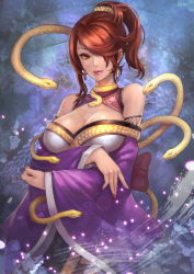 Rule 34 | 1girl, absurdres, breasts, cleavage, earrings, hair over one eye, highres, jewelry, large breasts, nouhime, official art, toukiden