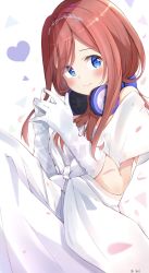 Rule 34 | 1girl, auui, blue eyes, blush, brown hair, closed mouth, commentary request, dress, elbow gloves, gloves, go-toubun no hanayome, hands up, headphones, heart, highres, long hair, looking at viewer, nakano miku, petals, signature, smile, solo, steepled fingers, white background, white dress, white gloves