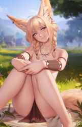 Rule 34 | 1girl, ahoge, animal ear fluff, animal ears, arm strap, artist name, blonde hair, blurry, blurry background, bracer, braid, commentary, day, earrings, english commentary, flat chest, fox ears, fox tail, highres, jewelry, khiara (personal ami), knees together feet apart, looking at viewer, necklace, original, outdoors, pelvic curtain, personal ami, signature, sitting, solo, tail, thighs, tooth necklace, twin braids, yellow eyes